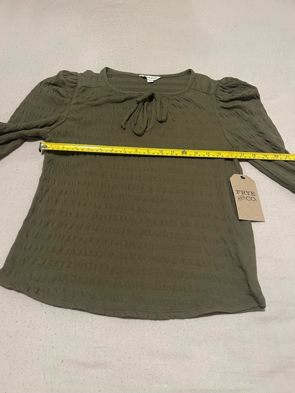 FRYE AND CO. Olive Green Tie-Neck Puff Sleeve Top - Picture 3 of 7
